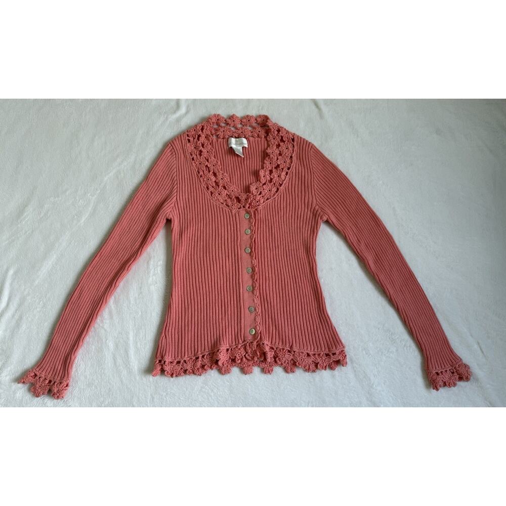 Soft Surroundings Ruffle Trimmed Coral Preppy Granny Core Cardigan Size Medium